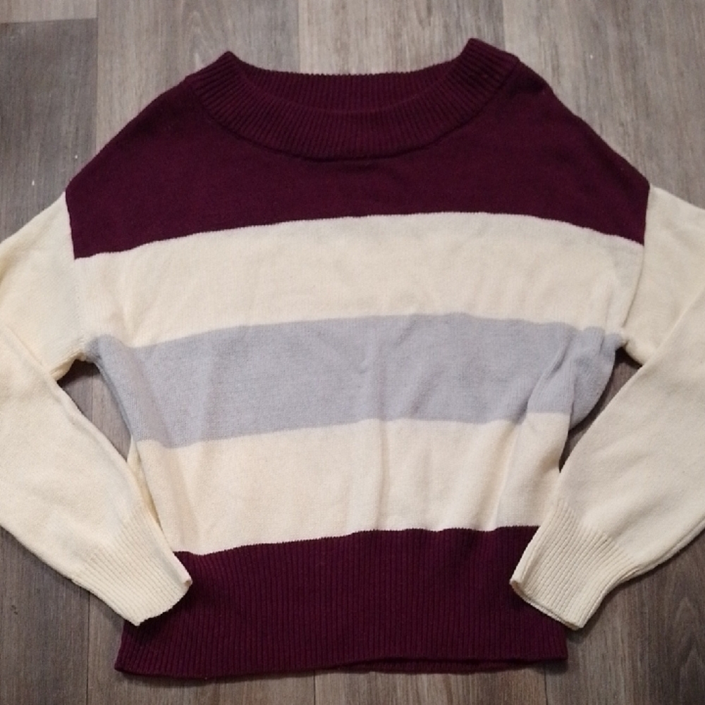 Lucky Brand Burgundy, Cream, and Gray Striped Sweater